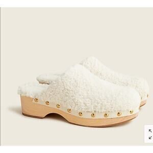 J.Crew Women’s Clogs Ivory Shearling Faux Fur Studded Trim Wood Sole Cozychic 10